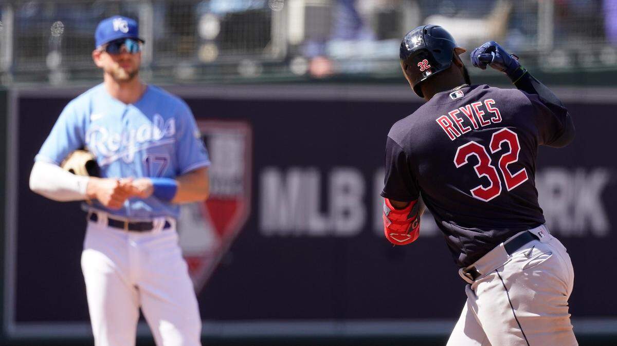 Cleveland Indians’ Franmil Reyes celebrates as he runs the bases after hitting a solo home run during the eighth inning of a baseball game against the Kansas City Royals, Thursday, May 6, 2021, in Kansas City, Mo. (AP Photo/Charlie Riedel)