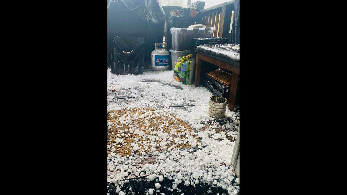 Karissa Perez took a picture of hail collecting on her deck during storms April 15, 2026 in Osawatomie, Kansas.