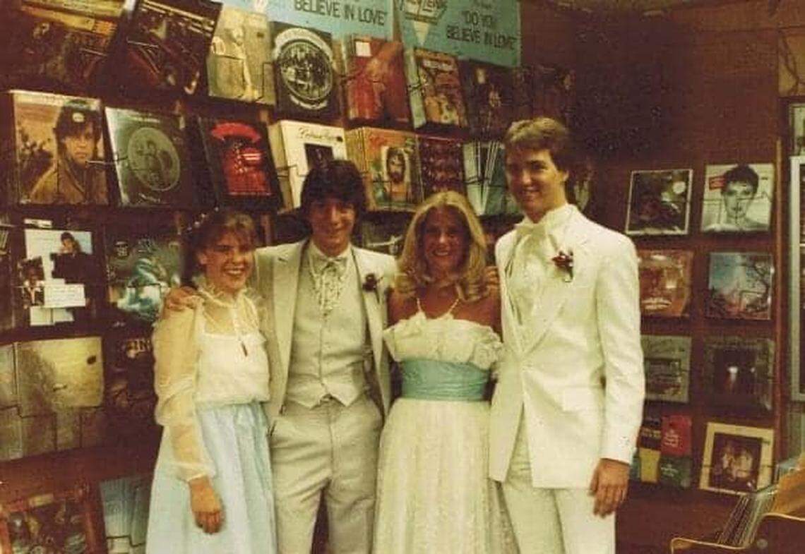 Kelly Burke (now Meagher), Andy Gershon, Dana Paul (now Blum) and Mike Webber stand at Capers Corner before prom in 1982.