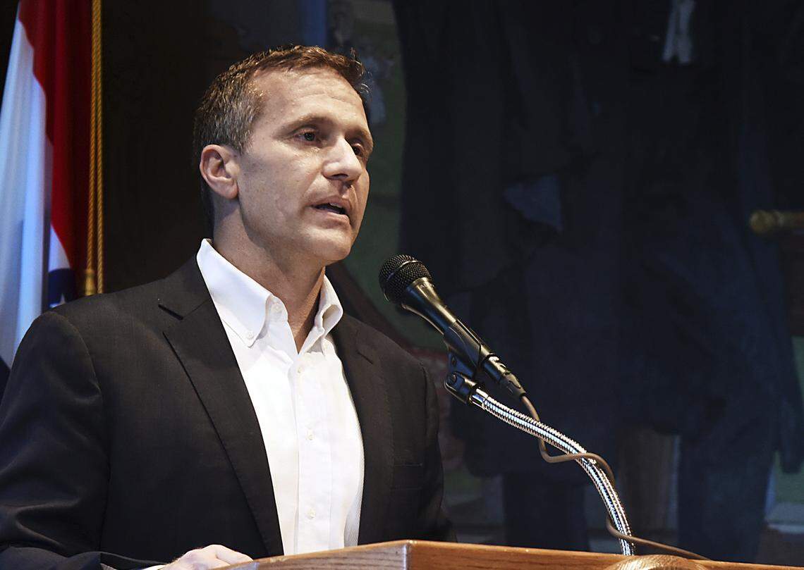 Then Missouri Gov. Eric Greitens announces his resignation during a news conference on May 29, 2018, in Jefferson City. After his resignation, Greitens disappeared from the limelight for nearly two years.