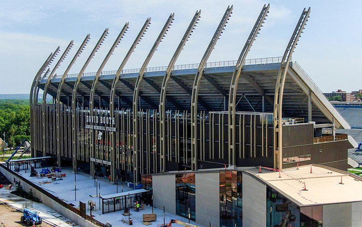 New lighting has been incorporated into the pylons that arc over the west side stands at David Booth Kansas Memorial Stadium.