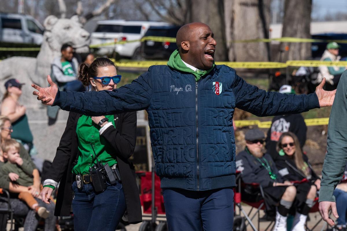 Kansas City Mayor Quinton Lucas yells to parade goers in the Kansas City St. Patrick’s Day Parade on Monday, March 17, 2025.