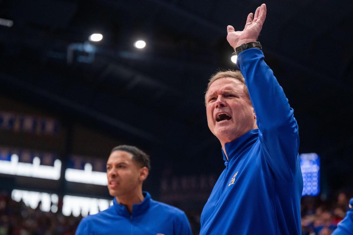 Kansas Jayhawks head coach Bill Self yells to the crowd after a fan threw a water bottle onto the court late in the second half of the game vs. the Texas Tech Red Raiders on Saturday, March 1, 2025, at Allen Fieldhouse.