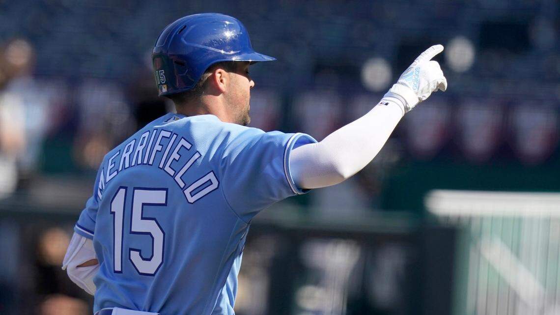 Kansas City Royals Whit Merrifield celebrates his solo home run during the eighth inning of a baseball game against the Texas Rangers at Kauffman Stadium in Kansas City, Mo., Saturday, April 3, 2021. (AP Photo/Orlin Wagner)