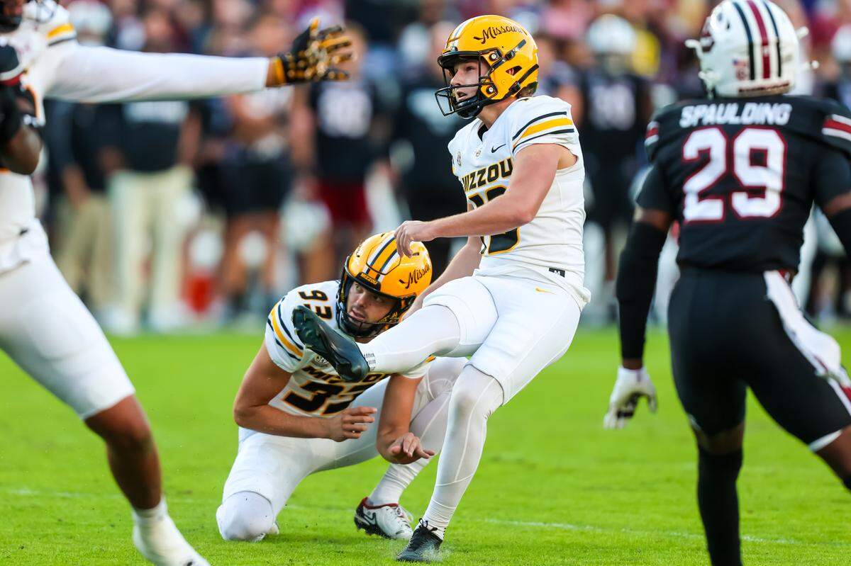 Missouri Tigers placekicker Blake Craig hits one of his field goals during a Saturday, Nov. 16, 2024 college football game against the South Carolina Gamecocks at Williams-Brice Stadium in Columbia, South Carolina.