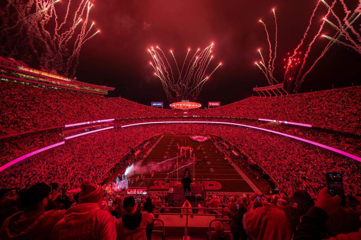 Fireworks go off over GEHA Field at Arrowhead Stadium as players take the field before an NFL game between the Kansas City Chiefs and the Washington Commanders on Monday, Oct. 27, 2025, at GEHA Field at Arrowhead Stadium.