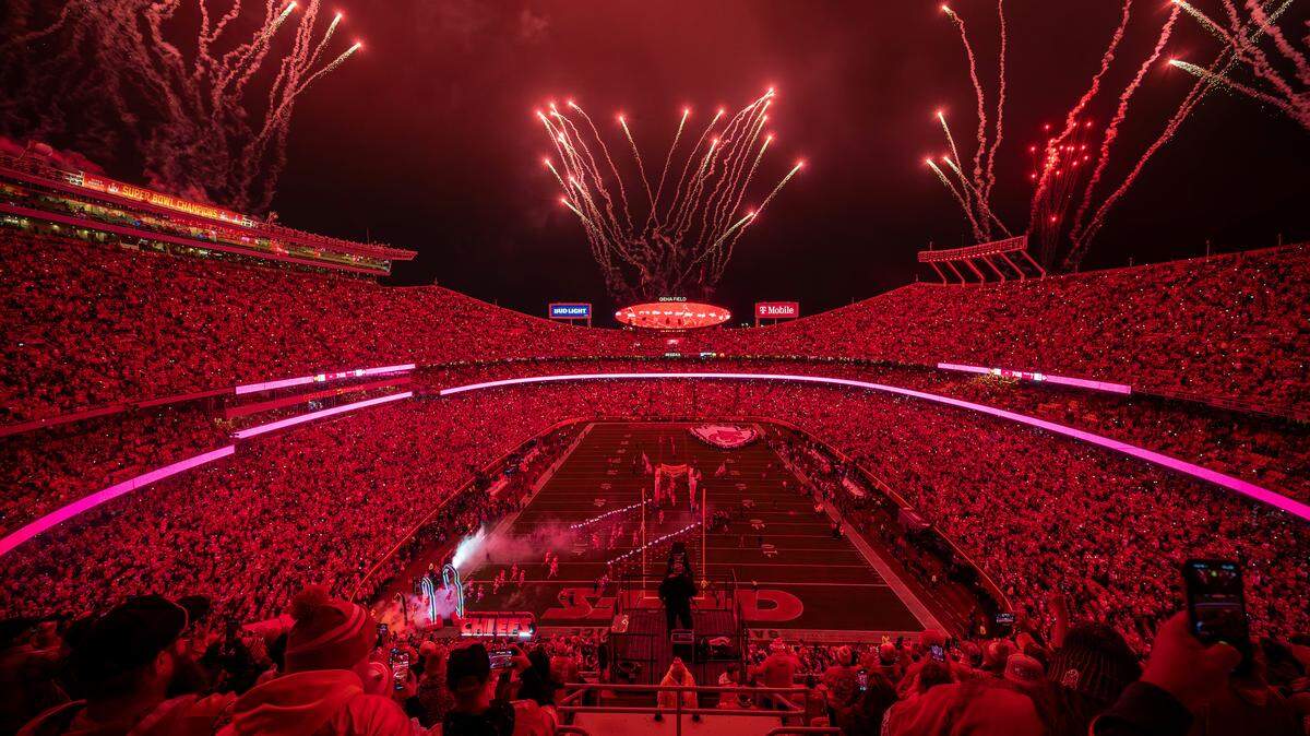 Fireworks go off over GEHA Field at Arrowhead Stadium as players take the field before an NFL game between the Kansas City Chiefs and the Washington Commanders on Monday, Oct. 27, 2025, at GEHA Field at Arrowhead Stadium.