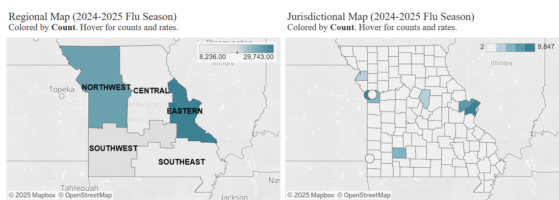 A screenshot of the latest flu data from the Missouri Department of Health and Senior Services, as of Feb. 24, shows the worst-hit counties and regions.