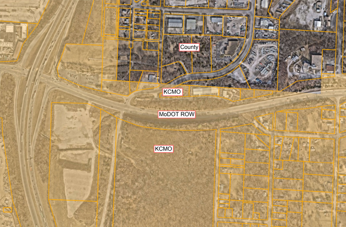 The county and city lines in the area impacted by flooding at 23rd Street Trafficway and Television Place is shown on the map.