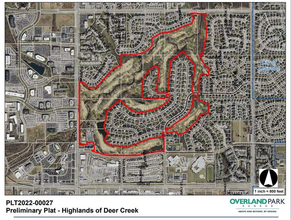 A golf course in Overland Park closed in April after a rezoning request was denied by the Overland Park City Council. The area of the golf course is outlined in red and many of the surrounding homes back up to the course.