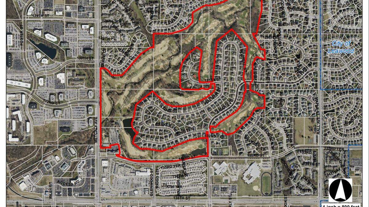 A golf course in Overland Park closed in April after a rezoning request was denied by the Overland Park City Council. The area of the golf course is outlined in red and many of the surrounding homes back up to the course.