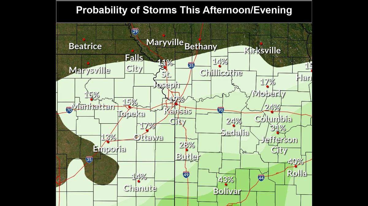 Isolated to scattered showers and thunderstorms will be possible Friday afternoon and evening, according to the National Weather Service. The strongest storms could produce near-severe weather, with strong to damaging wind gusts the primary threat. The rain is most likely to fall in southern Missouri, especially in the Ozarks region,