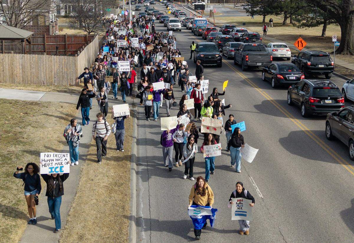 Shawnee Mission North high school students flooded Johnson Drive on Wednesday, Feb. 11, 2026, marching in a bold stand against ICE and the Trump administration.