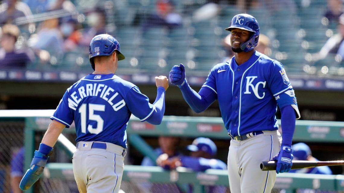 Kansas City Royals’ Whit Merrifield (15) is greeted by Jorge Soler after scoring during the ninth inning of a baseball game against the Detroit Tigers, Thursday, May 13, 2021, in Detroit. (AP Photo/Carlos Osorio)