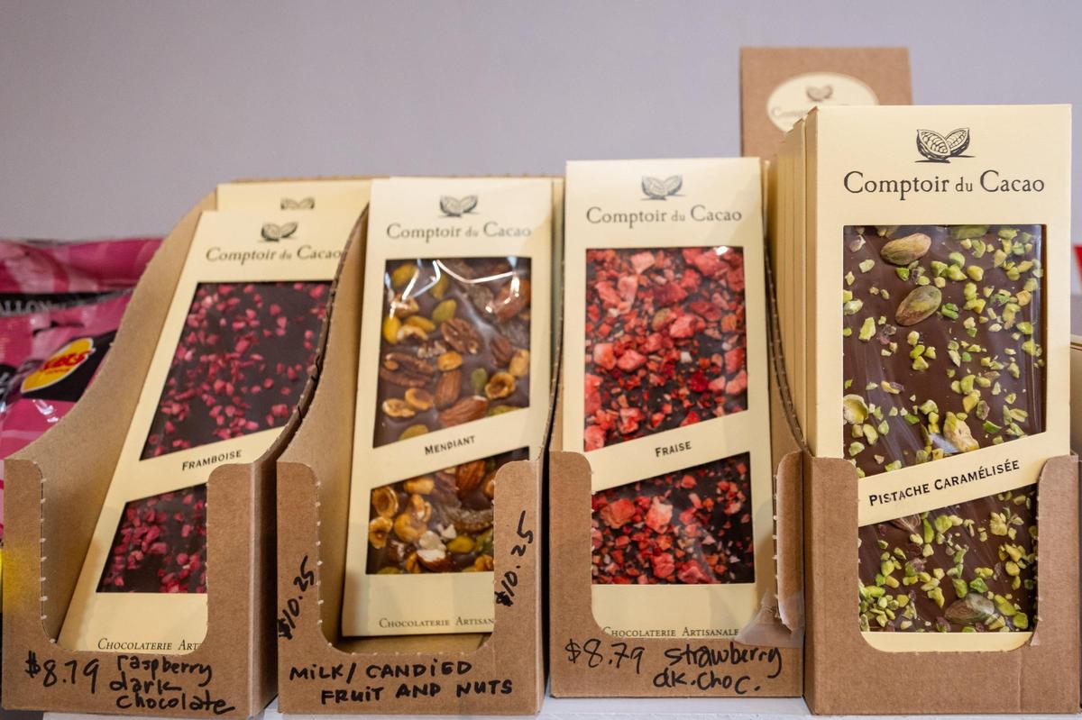 An assortment of French chocolates at Au Marché in Lawrence on Wednesday, April 9, 2025. The local shop relies upon European imports to line their shelves, imports that will likely be impacted by the Trump administration’s tariff policy.