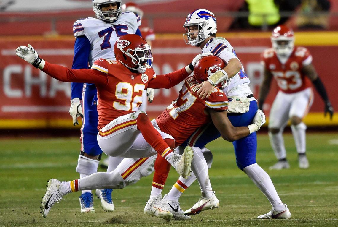 Kansas City Chiefs defensive end Alex Okafor hits Buffalo Bills quarterback Josh Allen in the fourth quarter. Four penalties were given on the play, including Allen and Okafor. The Kansas City Chiefs defeated the Buffalo Bills 38-24 to win the AFC Championship Game at Arrowhead Stadium Sunday Jan. 24, 2021, and will return to the Super Bowl.