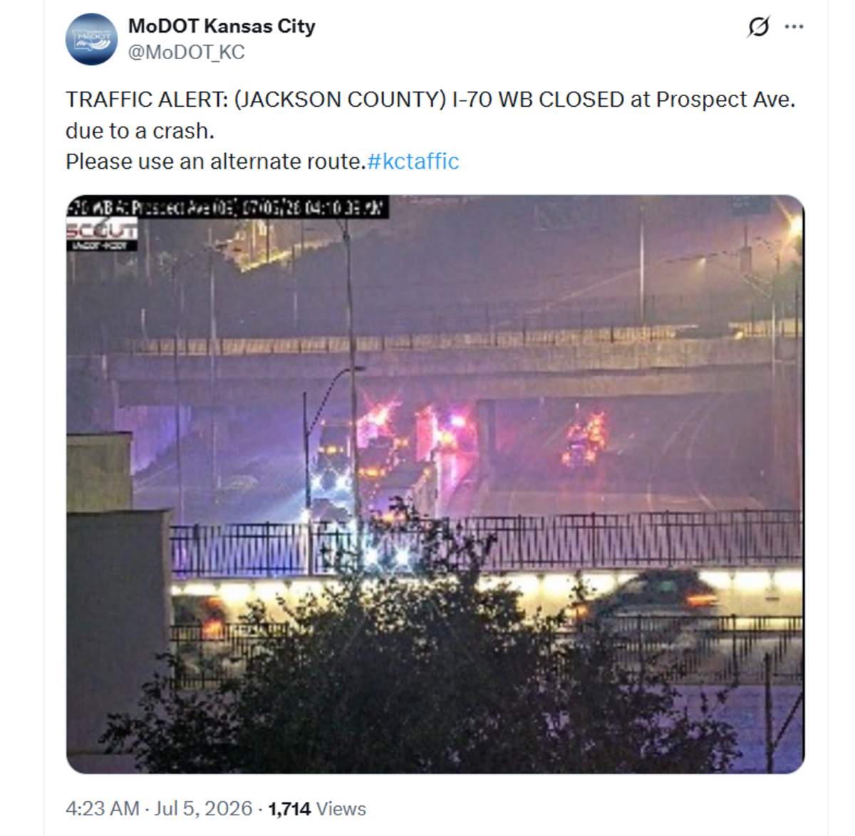 The Missouri Department of Transportation shared on social media that Interstate 70 was closed Sunday morning because of a crash. July 5, 2026.