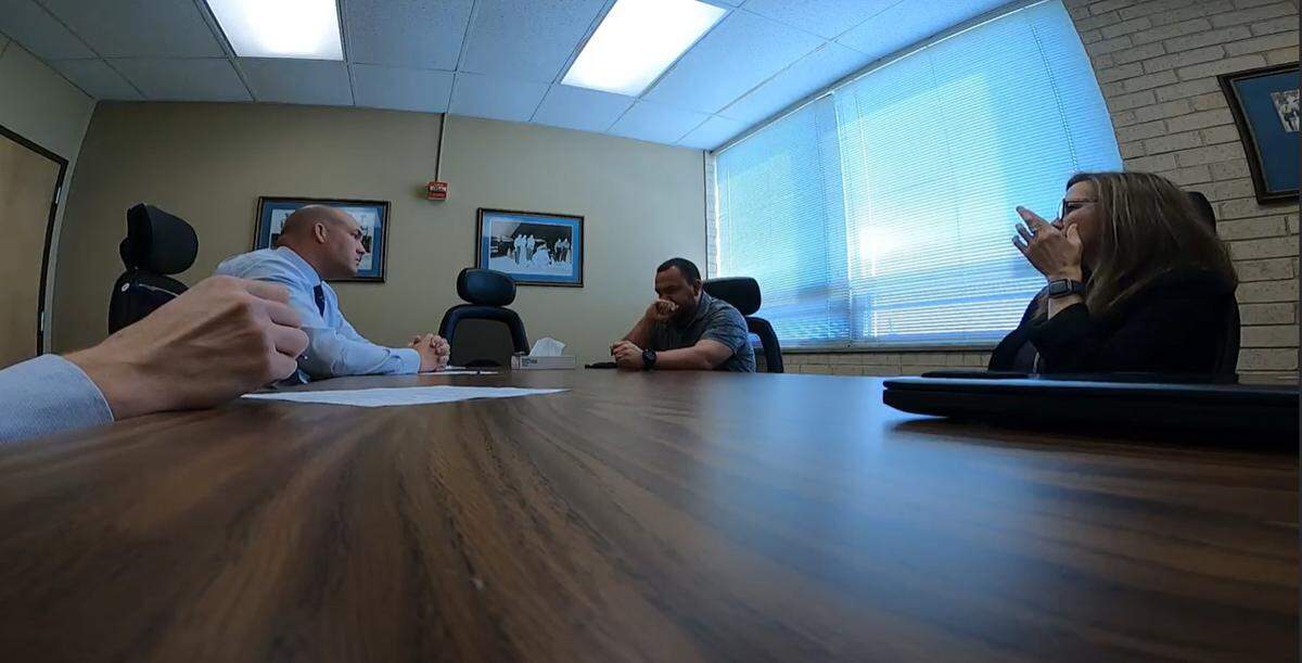 Kansas City police officer Edward Morales becomes emotional as he recounts seeing a fellow officer get shot in the leg on March 25, 2021. Morales was interviewed on April 5, 2021, by investigators with the Missouri State Highway Patrol.