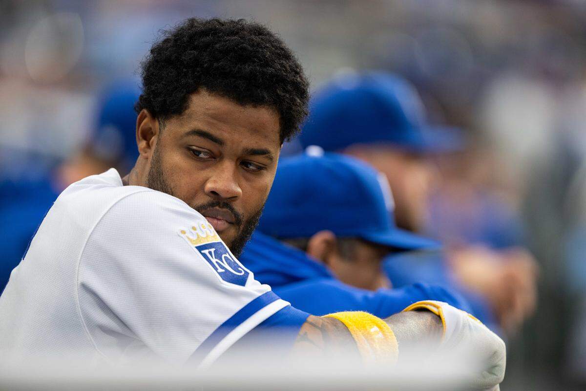 Kansas City Royals third baseman Maikel Garcia looks toward the dugout during a game against the Boston Red Sox on Wednesday, May 20, 2026, at Kauffman Stadium.