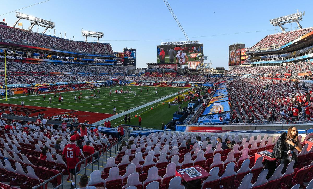 Real life fans are interspersed thought the stadium with cutouts Sunday, February 7, 2021, before Super Bowl LV at Raymond James Stadium in Tampa, Florida.