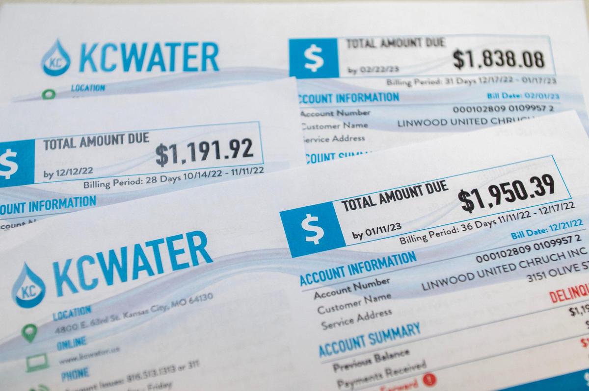 A variety of water bills are seen at Linwood United Church on Friday, Feb. 10, 2023, in Kansas City. Ronald Carter, treasure of Linwood United Church, discussed the high water bill the church recently has had to pay despite that there are no water leaks or an increase of water usage in the building.