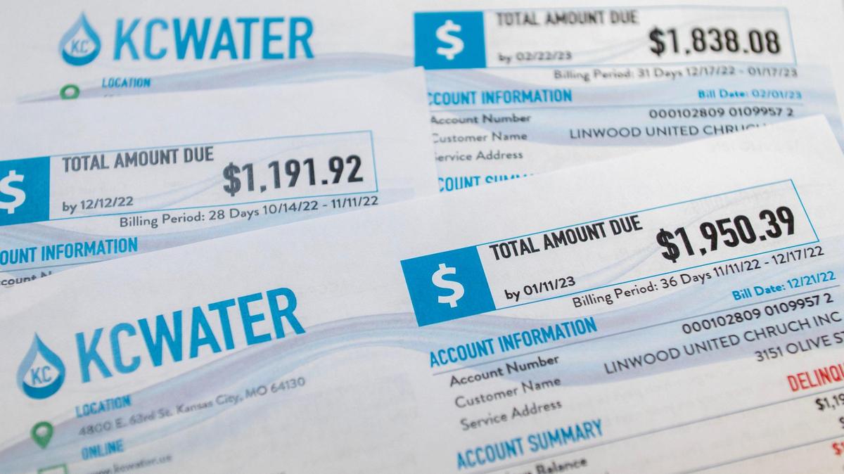 A variety of water bills are seen at Linwood United Church on Friday, Feb. 10, 2023, in Kansas City. Ronald Carter, treasurer of Linwood United Church, discussed the high water bill the church recently had to pay despite there being no water leaks or increases in water usage in the building.