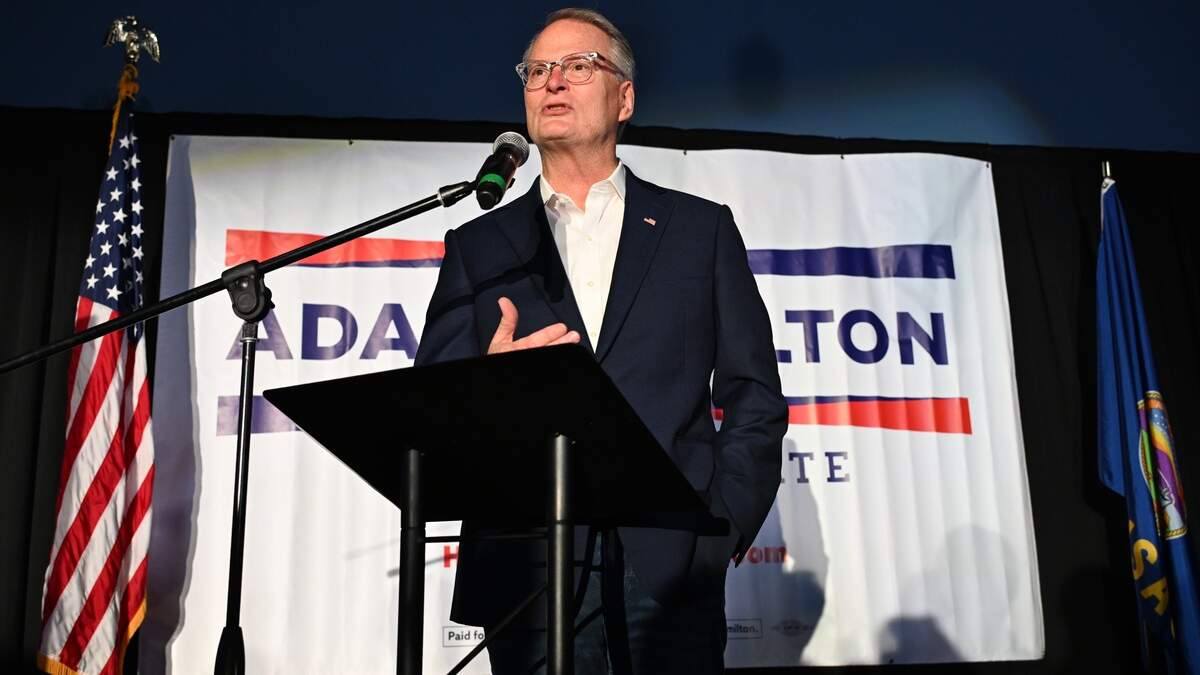 Rev. Adam Hamilton, senior pastor of the United Methodist Church of the Resurrection, speaks to a crowd of supporters at his victory party in Lenexa on Aug. 4, 2026. Hamilton won the Democratic primary for U.S. Senate in Kansas and will challenge Rep. Roger Marshall in November.