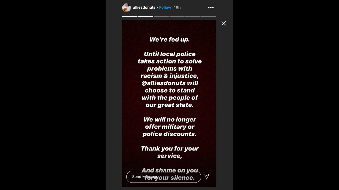 Allie’s Donuts in Rhode Island said it would no longer be offering discounts to police and military personnel.