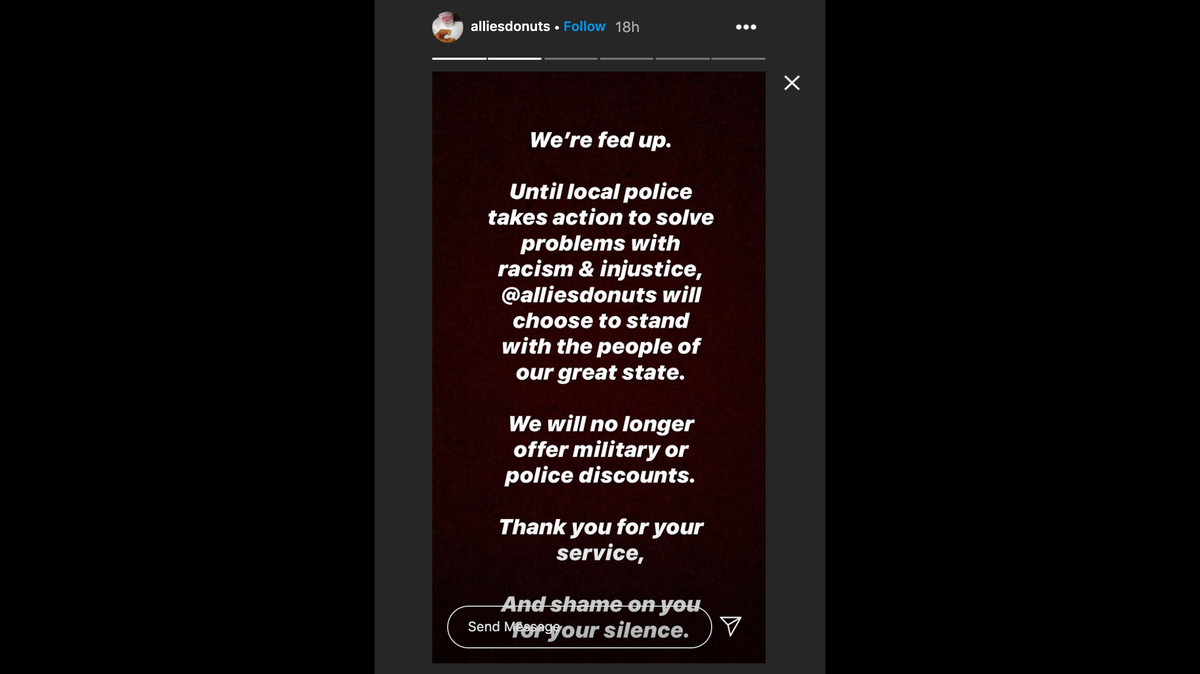 Allie’s Donuts in Rhode Island said it would no longer be offering discounts to police and military personnel.