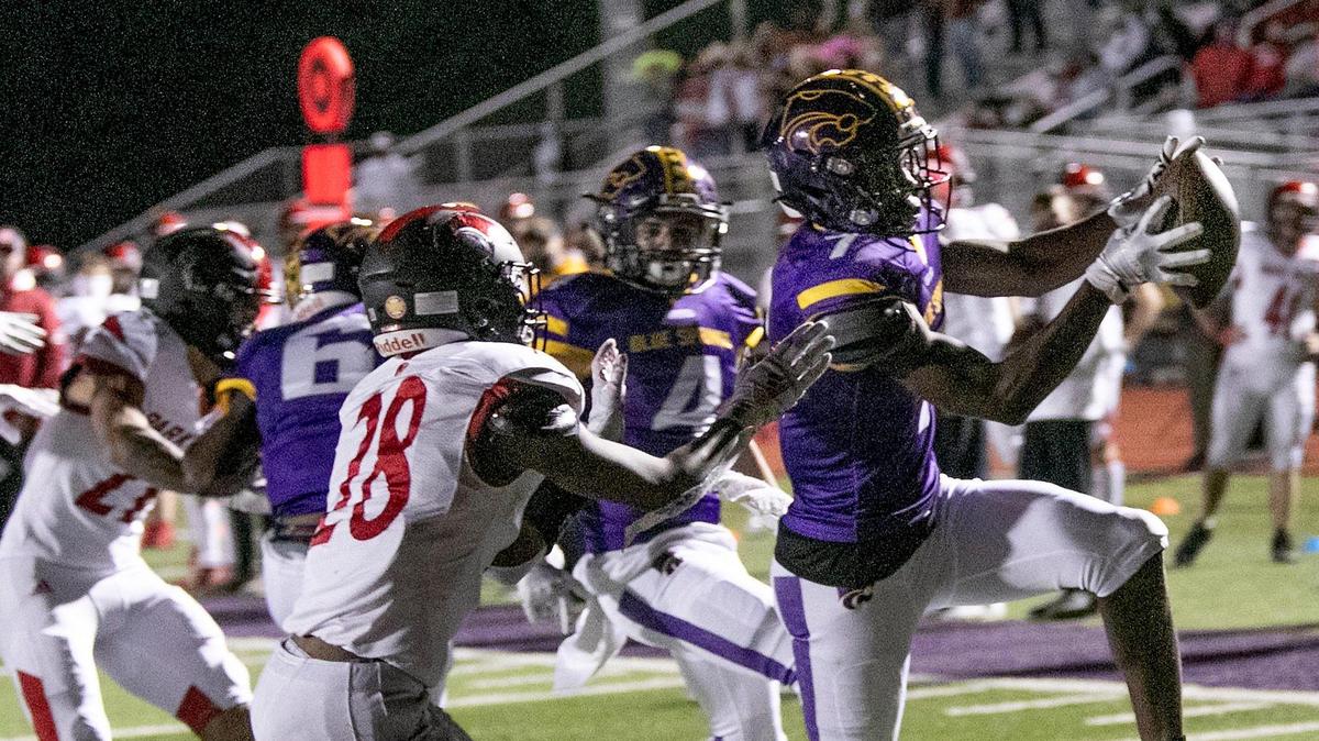 Dalesean Staley, #7, of Blue Springs scored a touchdown against Park Hill, Friday, October 30, 2020, at Blue Springs.