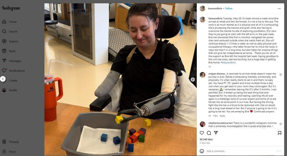 Brie Morgan Bauer in rehabilitation therapy in May.