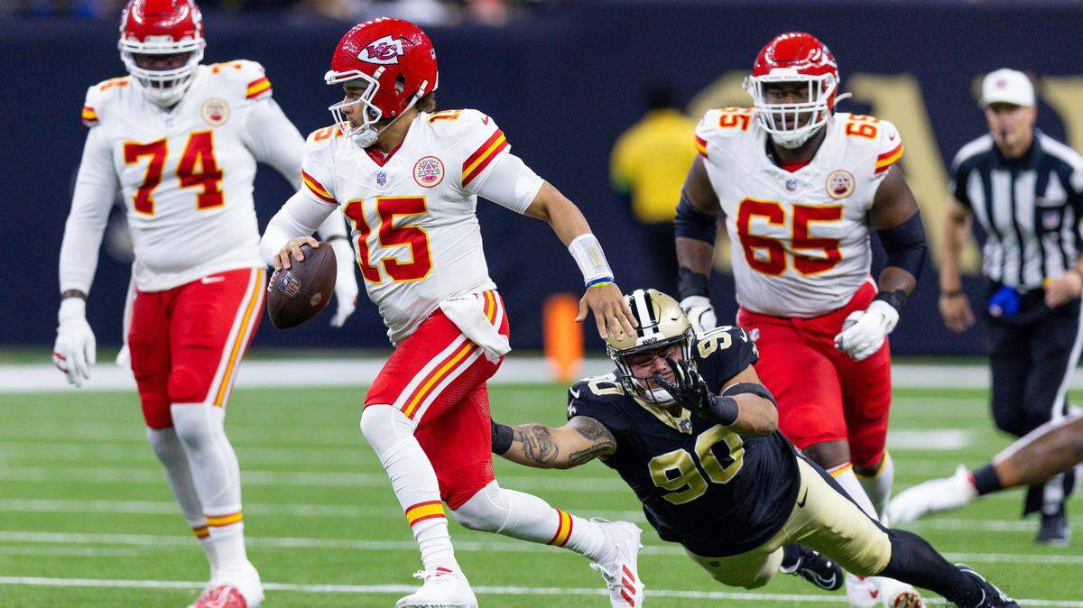 Aug 13, 2023; New Orleans, Louisiana, USA; New Orleans Saints defensive tackle Bryan Bresee (90) misses the tackle on Kansas City Chiefs quarterback Patrick Mahomes (15) during the first half at the Caesars Superdome. Mandatory Credit: Stephen Lew-USA TODAY Sports