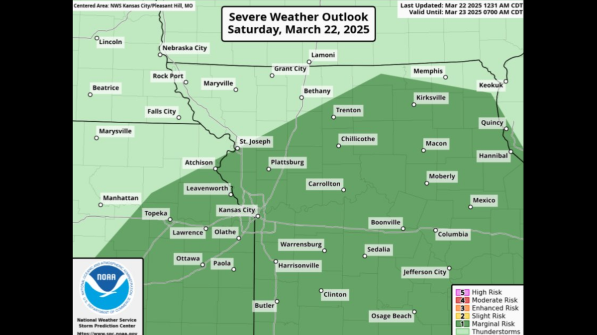 Scattered thunderstorms are possible Saturday night into early Sunday morning, according to the National Weather Service in Kansas City. The greatest threat from the storms is damaging winds and hail. The chance for precipitation is around 60%, the forecast shows.