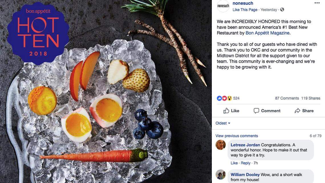 Bon Appetit named Nonesuch, a little restaurant in Oklahoma City, the best new restaurant in the land. It beat out places in New York, California and cities better known for fine dining than “the Great Plains.”