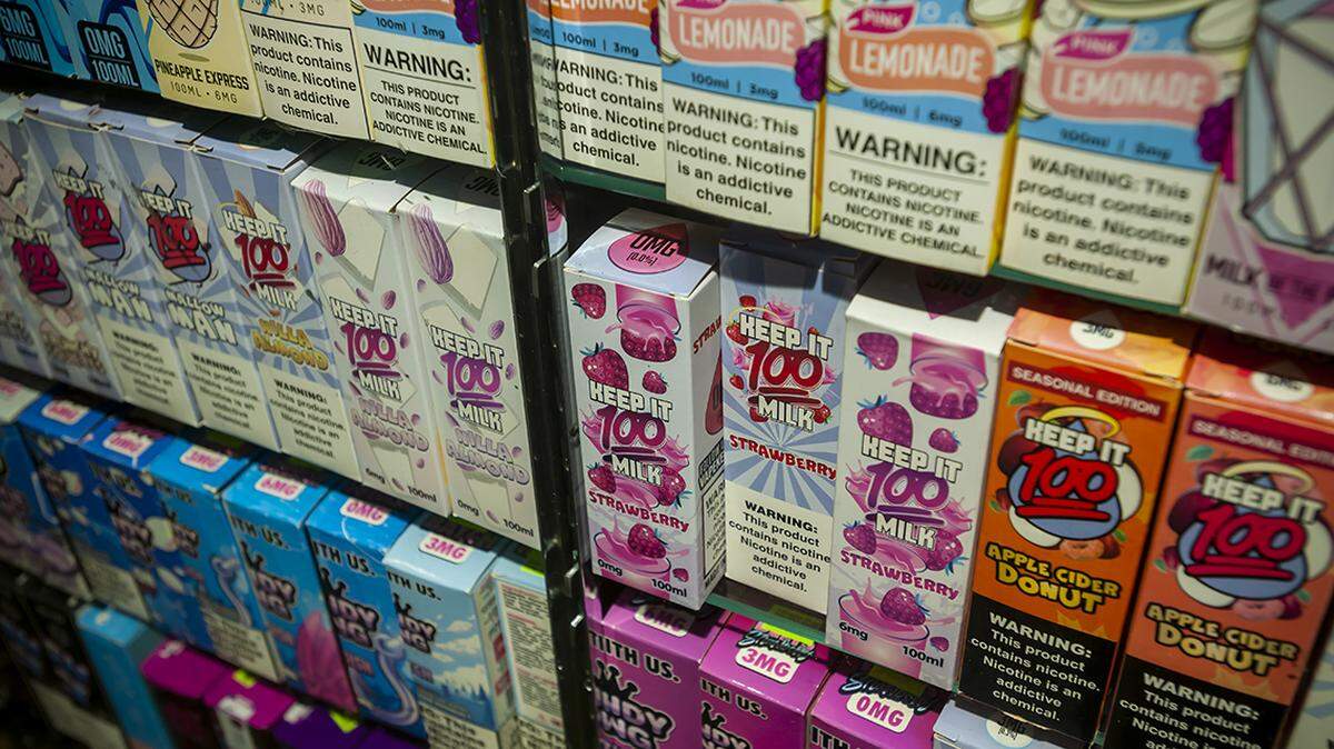 A selection of flavored vaping supplies on display in the window of a vaping store in New York on Tueday, September 17, 2019. (Ã‚Photo by Richard B. Levine)