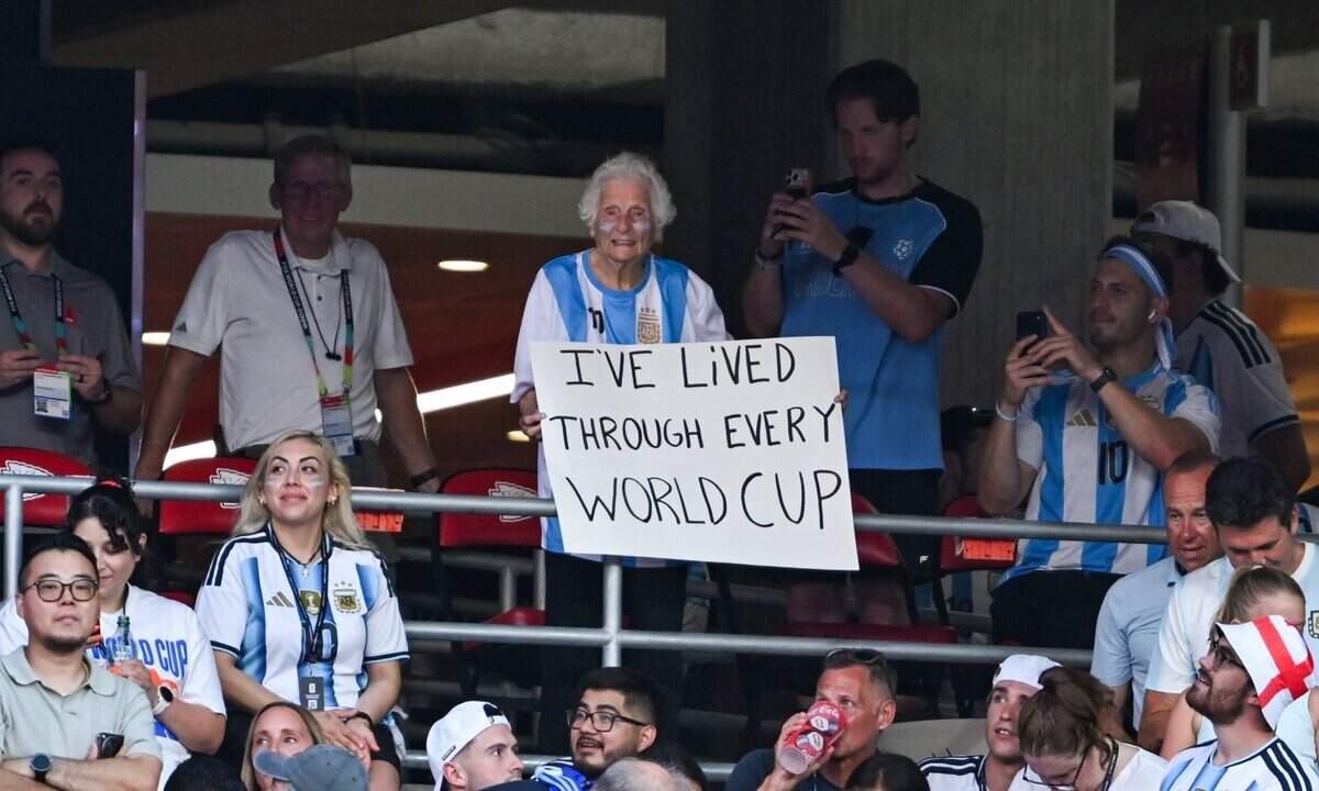 Social media personality Gangster Granny is seen in the stands at the Argentina vs. Switzerland 2026 World Cup Quarterfinal football match at Kansas City (Arrowhead) Stadium in Kansas City on Saturday, July 11, 2026.