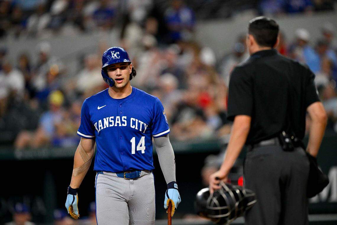 Kansas City Royals right fielder Jac Caglianone (14) reacts to a call by home plate umpire Willie Traynor during the fourth inning against the Texas Rangers at Globe Life Field on June 19, 2025.