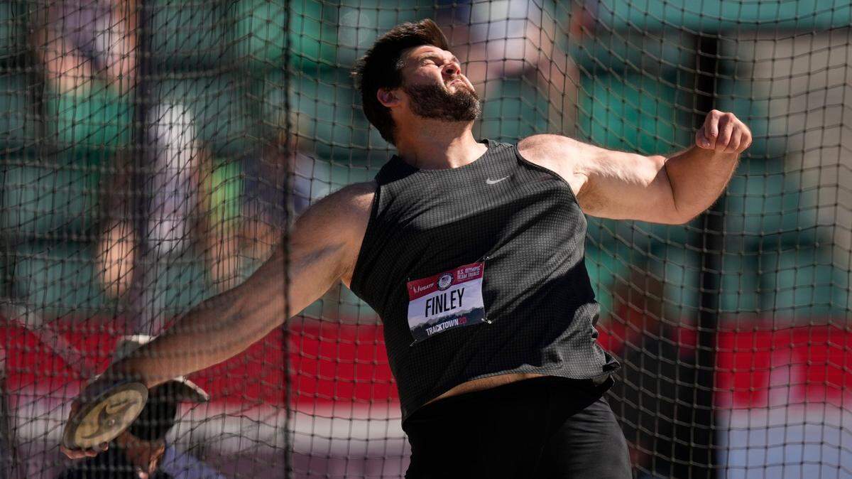 Mason Finley competes during the finals of men’s discus throw at the U.S. Olympic Track and Field Trials on Friday, June 25, 2021, in Eugene, Ore.