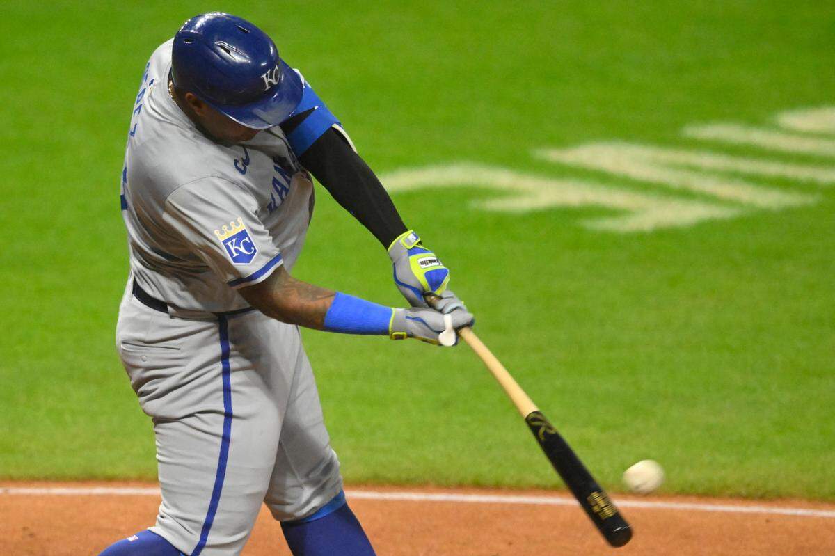 Kansas City Royals designated hitter Salvador Perez belts one of his two home runs against the Cleveland Guardians on Monday evening at Progressive Field.
