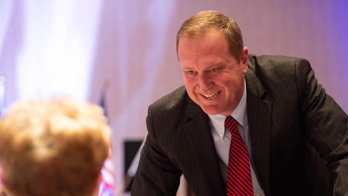 Missouri Attorney General Eric Schmitt greets a supporter at Jackson County Republican Party’s Reagan-Lincoln Day in April. Schmitt is suing to stop new mask mandates in St. Louis.