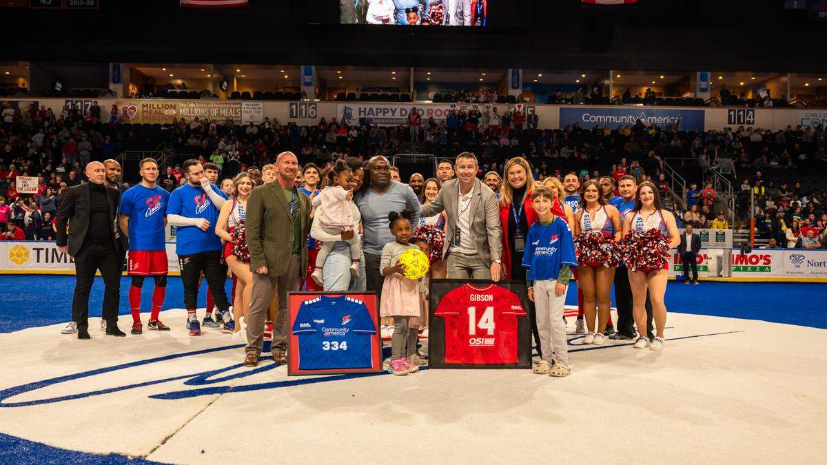 Leo Gibson is joined by his family, KC Comets ownership and other members of the team for his retirement celebration on Saturday at Cable Dahmer Arena.
