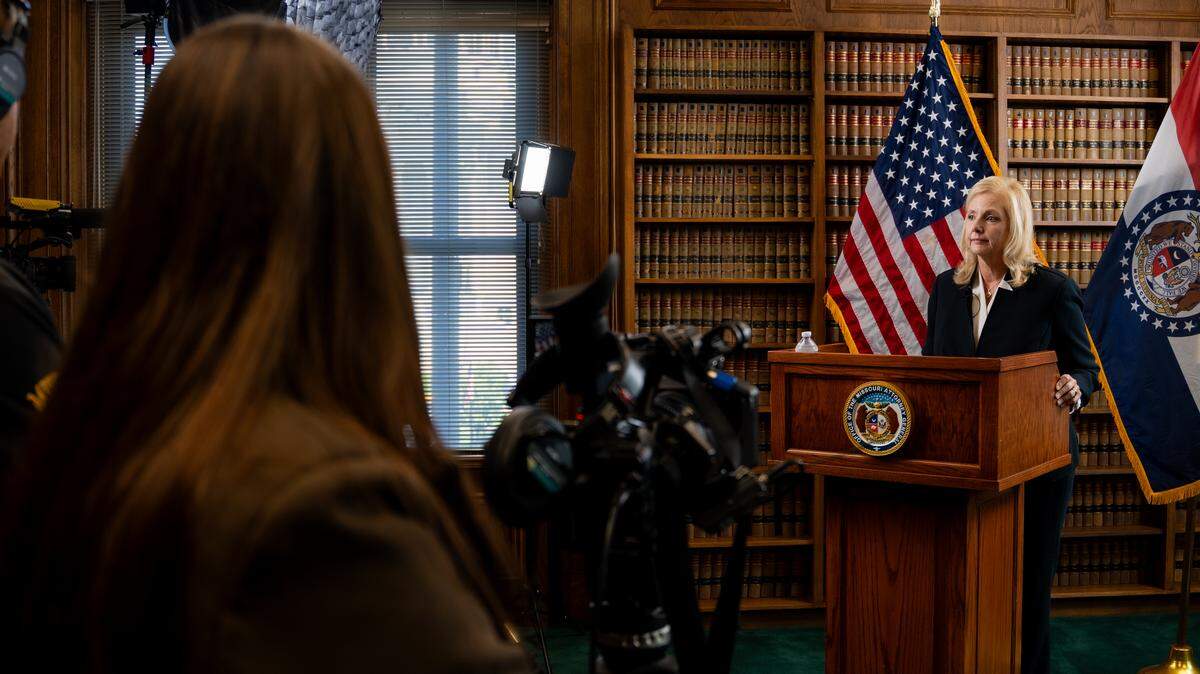 Missouri Attorney General Catherine Hanaway speaks with reporters after she was sworn into office on Sept. 8, 2025.