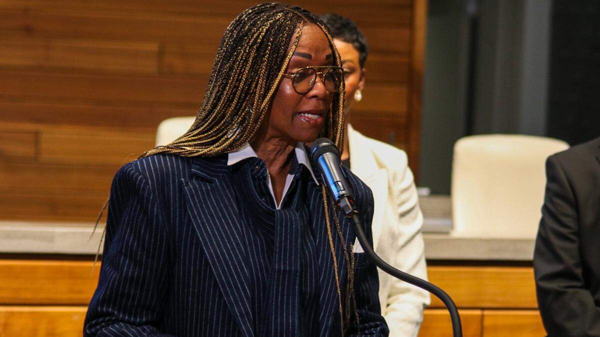 Gwendolyn Grant, president and CEO of the Urban League of Greater Kansas City, speaks at an Aptil 4, 2025 press conference about the Save KC initiative. The program is designed to help people in close contact with violent crime change their lives for the better.