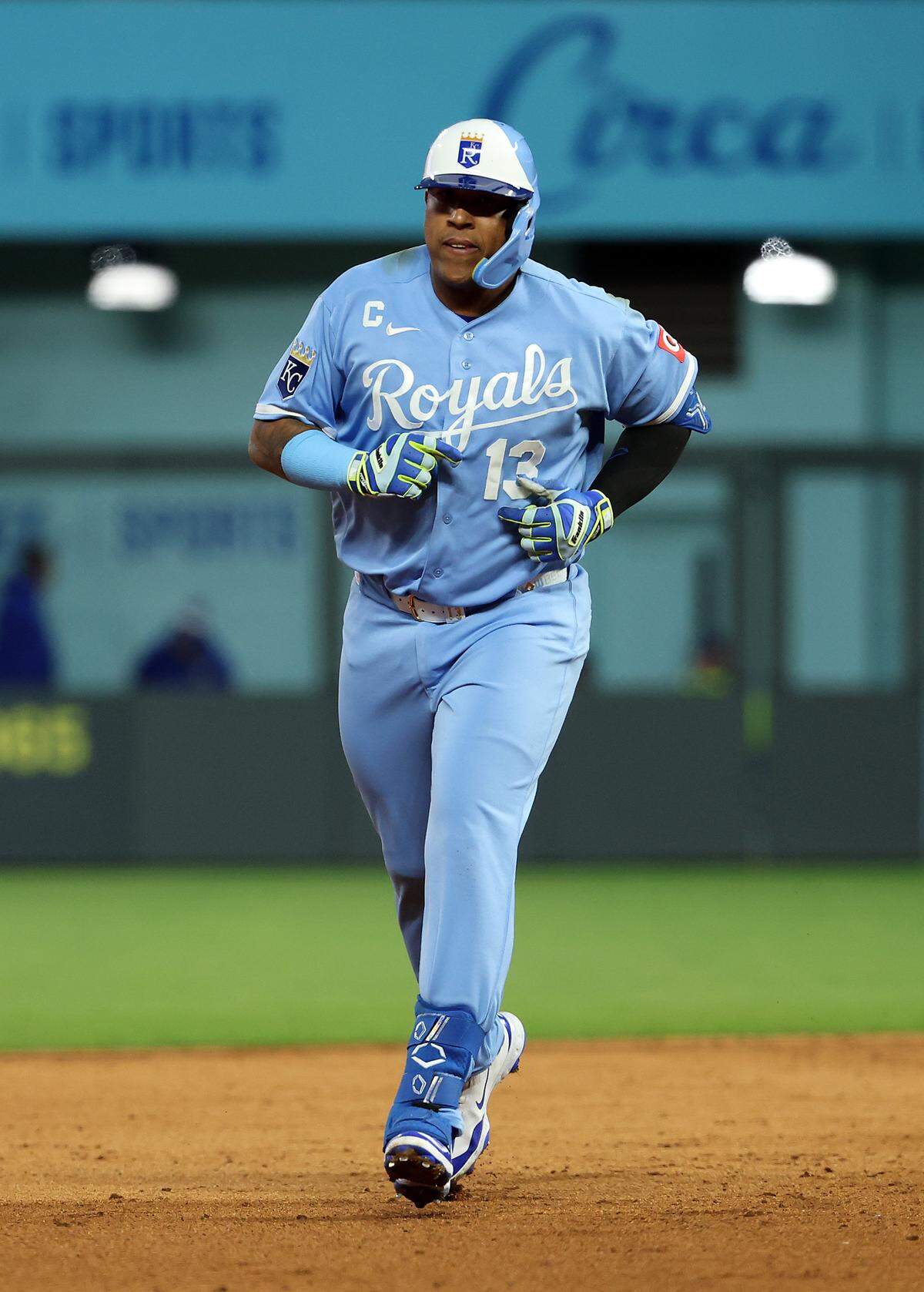 Royals designated hitter Salvador Perez rounds the bases after hitting a home run against the Milwaukee Brewers at Kauffman Stadium in Kansas City on Saturday, April 4, 2026.
