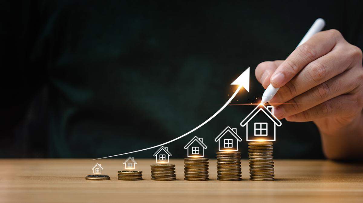 real estate investment concept, buy house, location, energy efficiency rating and property value, Real estate online on virtual screens. home search, land price, property tax, real estate market