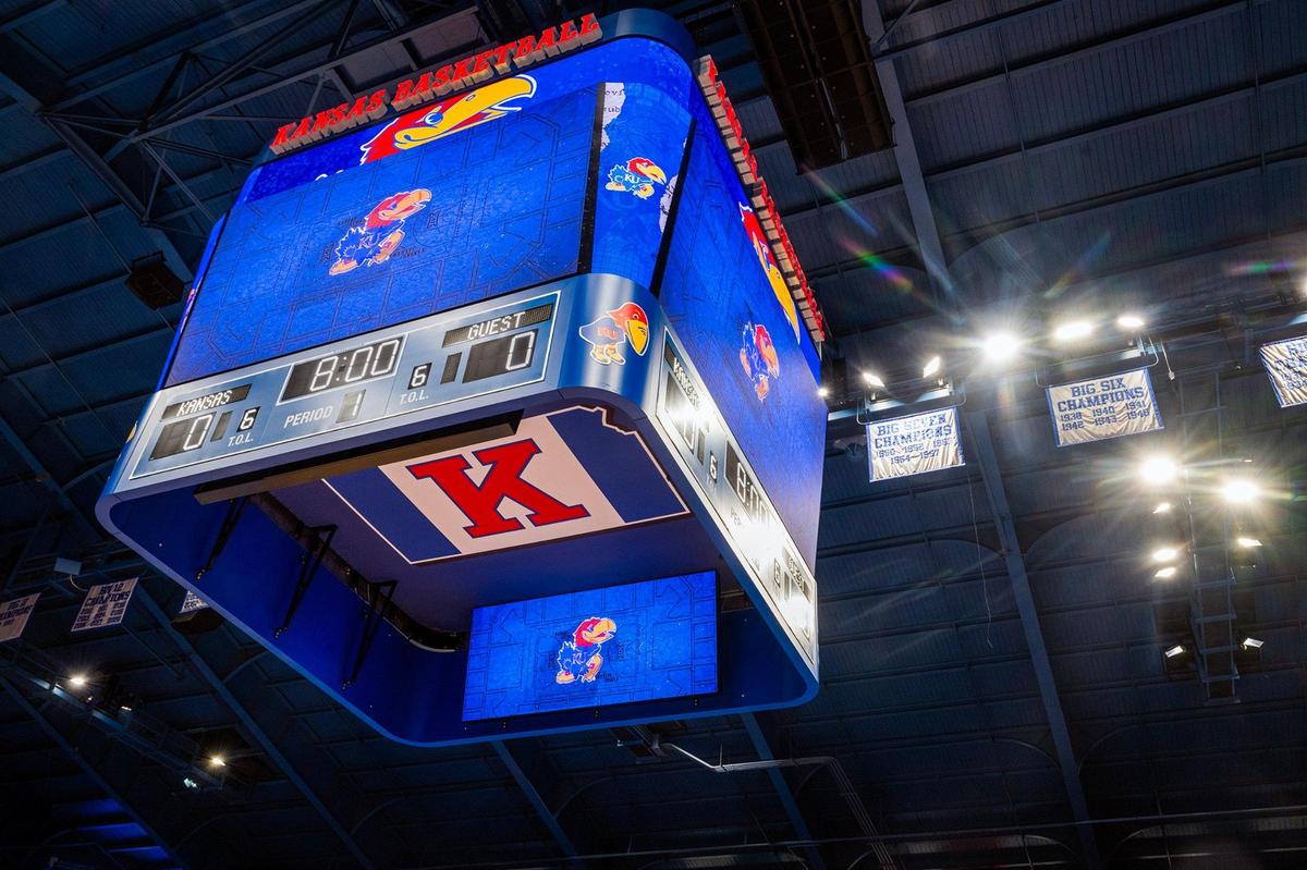 A new, state of the art center-hung video board is among the renovations to Allen Fieldhouse in Lawrence. The video board is over 9 feet high and 18 feet wide.