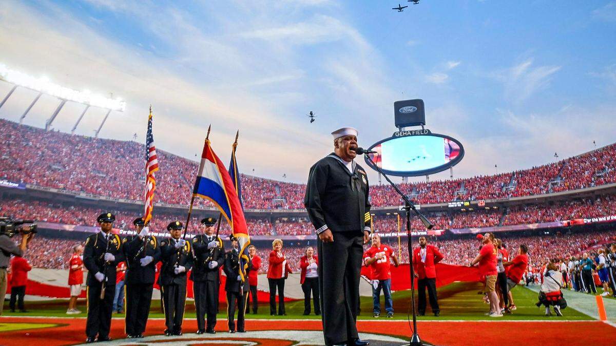 Retired Navy Petty Officer 1st Class Generald Wilson of St. Louis sings the national anthem during the pregame ceremony at the home opener between the Kansas City Chiefs and Los Angeles Chargers Thursday, Sept. 15, 2022, at GEHA Field at Arrowhead Stadium.