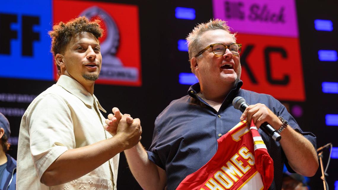 Former “Modern Family” star Eric Stonestreet, right, shared the stage with Chiefs quarterback Patrick Mahomes at last year’s Big Slick Celebrity Weekend. The first group of tickets for this year’s Big Slick in May go on sale next week.