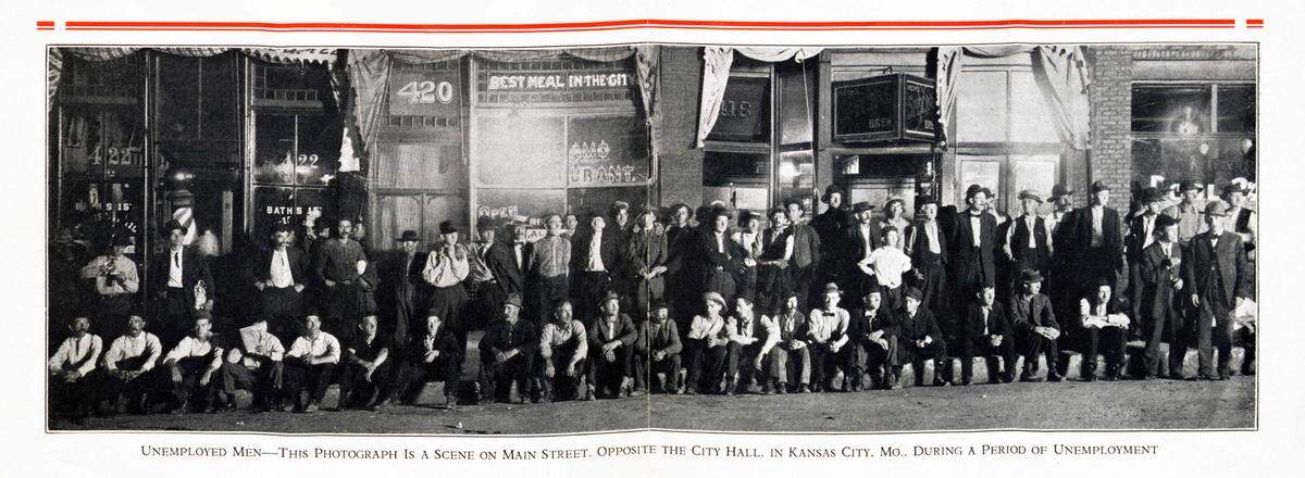 Unemployed men are photographed in downtown Kansas City in 1931.