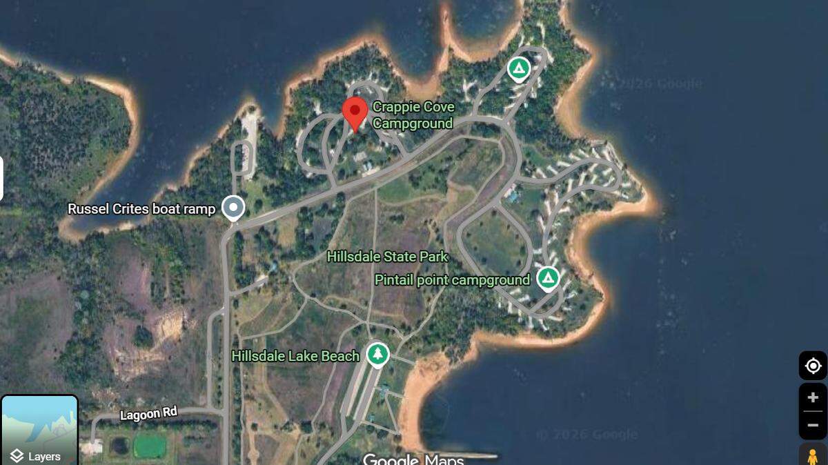 A Google Maps image of Hillsdale Lake in Miami County, Kansas. The Miami County Sheriff’s Office is investigating a possible drowning at the Crappie Cove Campground.